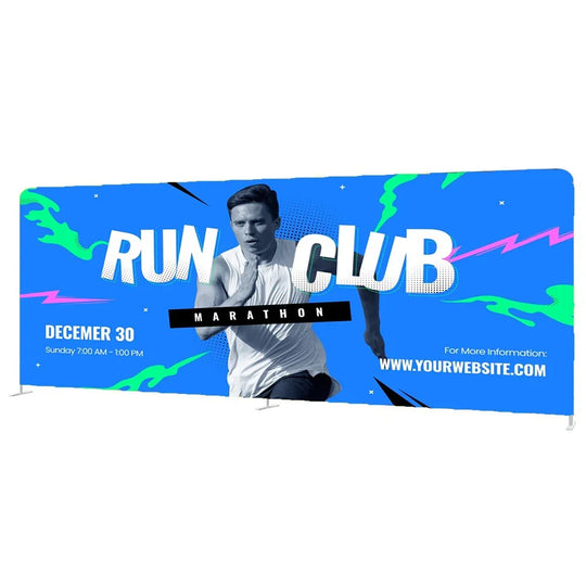 Custom blue marathon run club banner with male runner image and event details