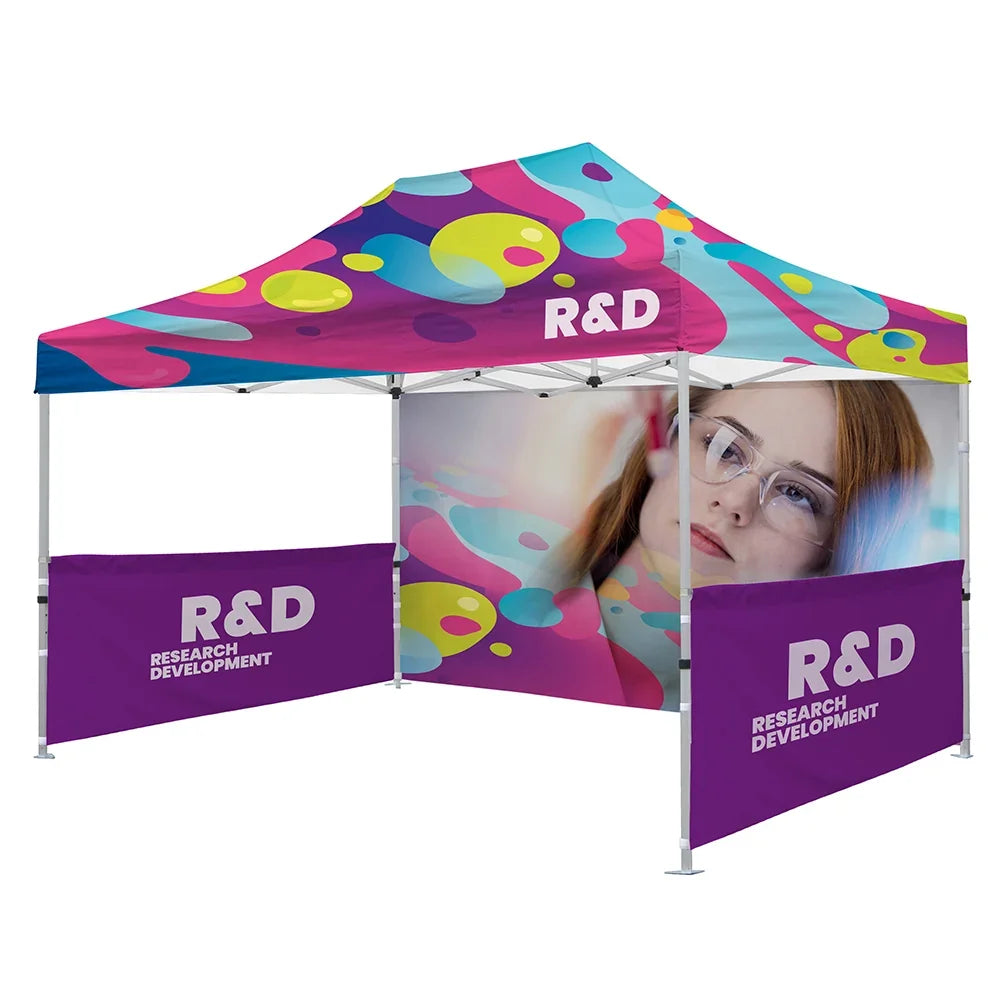 Custom branded pop-up canopy tent with R&D Research Development graphics and a woman's portrait