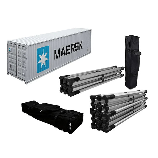 Custom Maersk branded pop-up tent with collapsible aluminum frame and black carrying bag