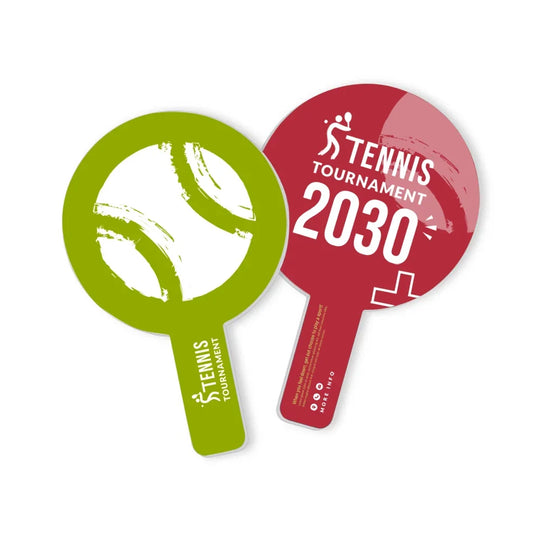 Custom shaped tennis tournament promotional handouts in green and red.