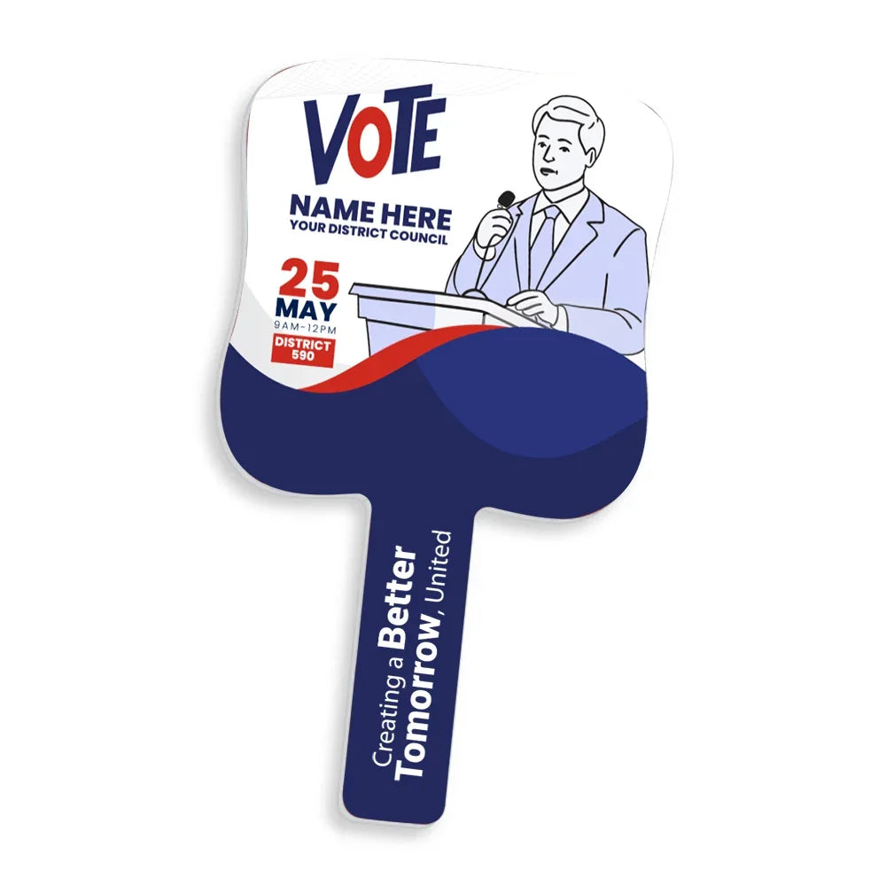 Custom shaped political campaign hand fan with candidate illustration and election details