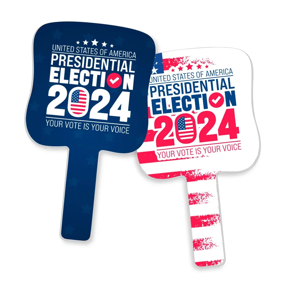 Two custom handheld signs for the 2024 US Presidential Election in blue and red designs.