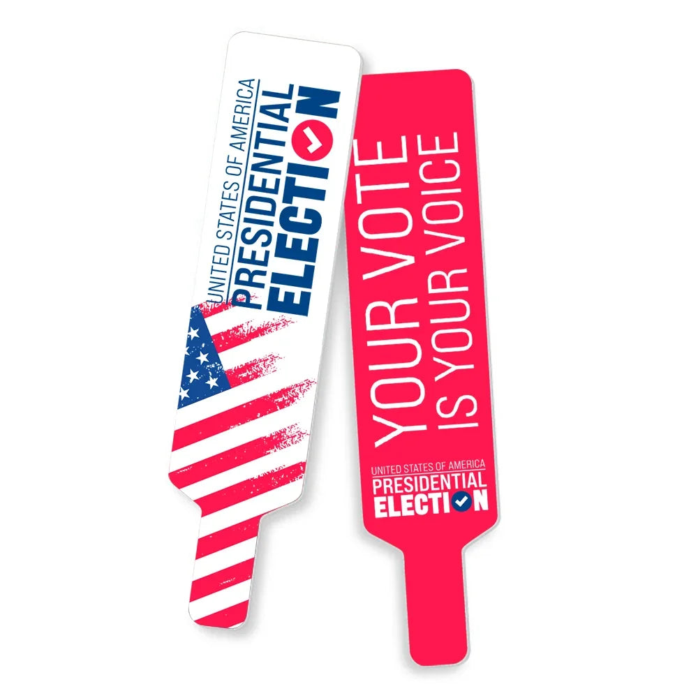 Two custom US presidential election themed promotional stickers with American flag designs.
