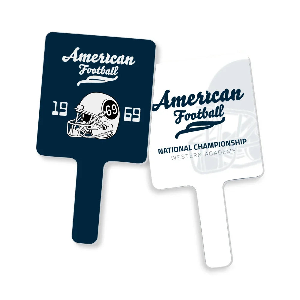 Two custom American Football shaped handheld signs in navy blue and white.