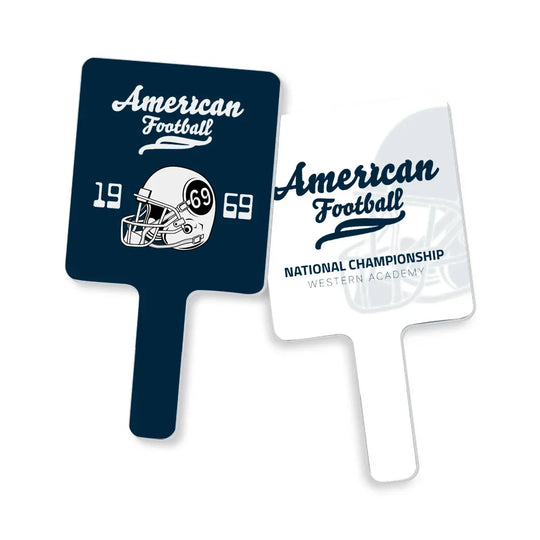 Two custom American Football shaped handheld signs in navy blue and white.