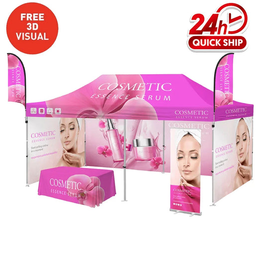 Custom pink cosmetic essence serum promotional tent kit with table cover and banners