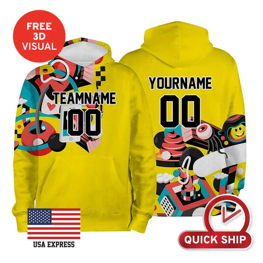 Custom yellow hoodie with vibrant colorful graphics and personalized name and number.