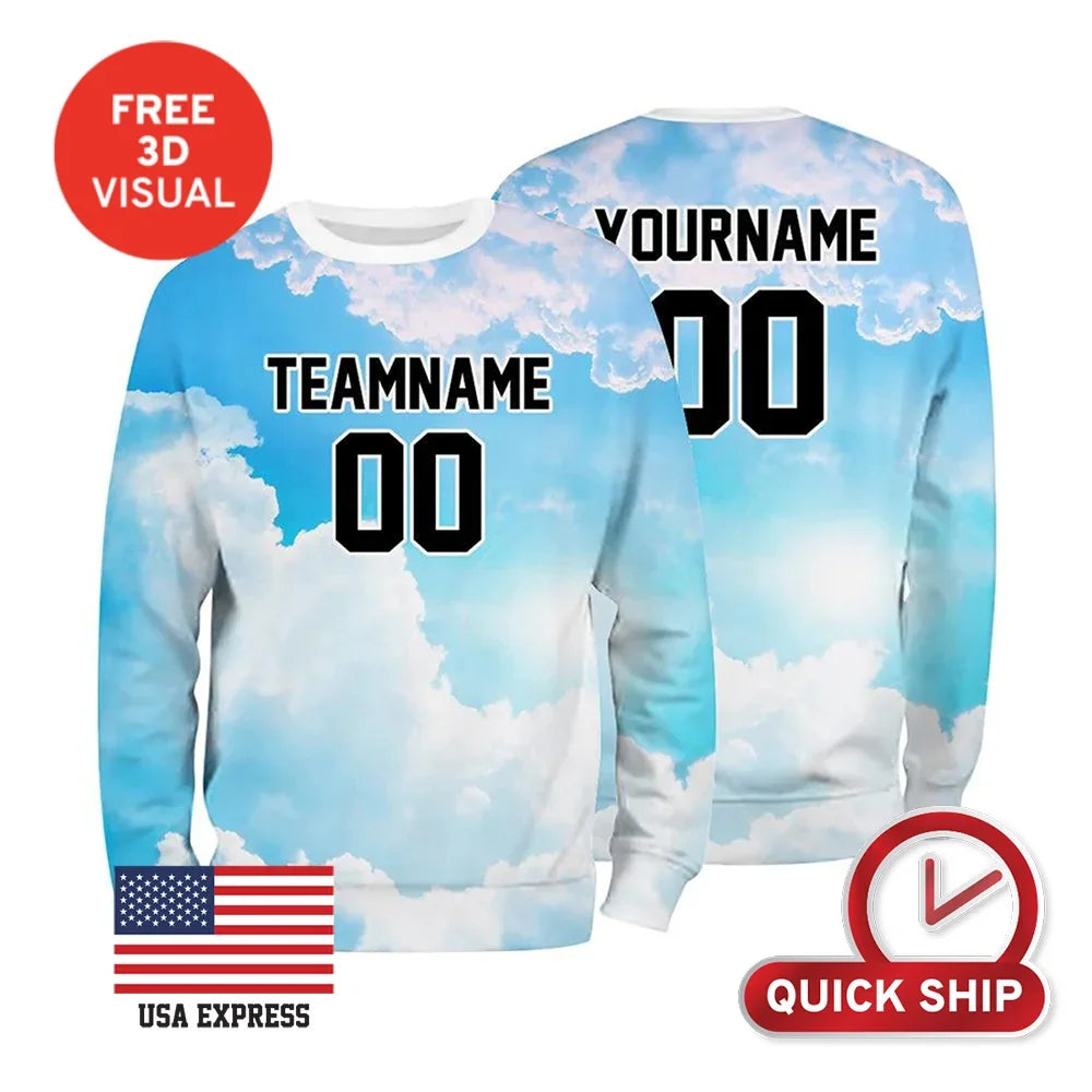 Custom blue sky and clouds print sweatshirt with personalized team name and number.