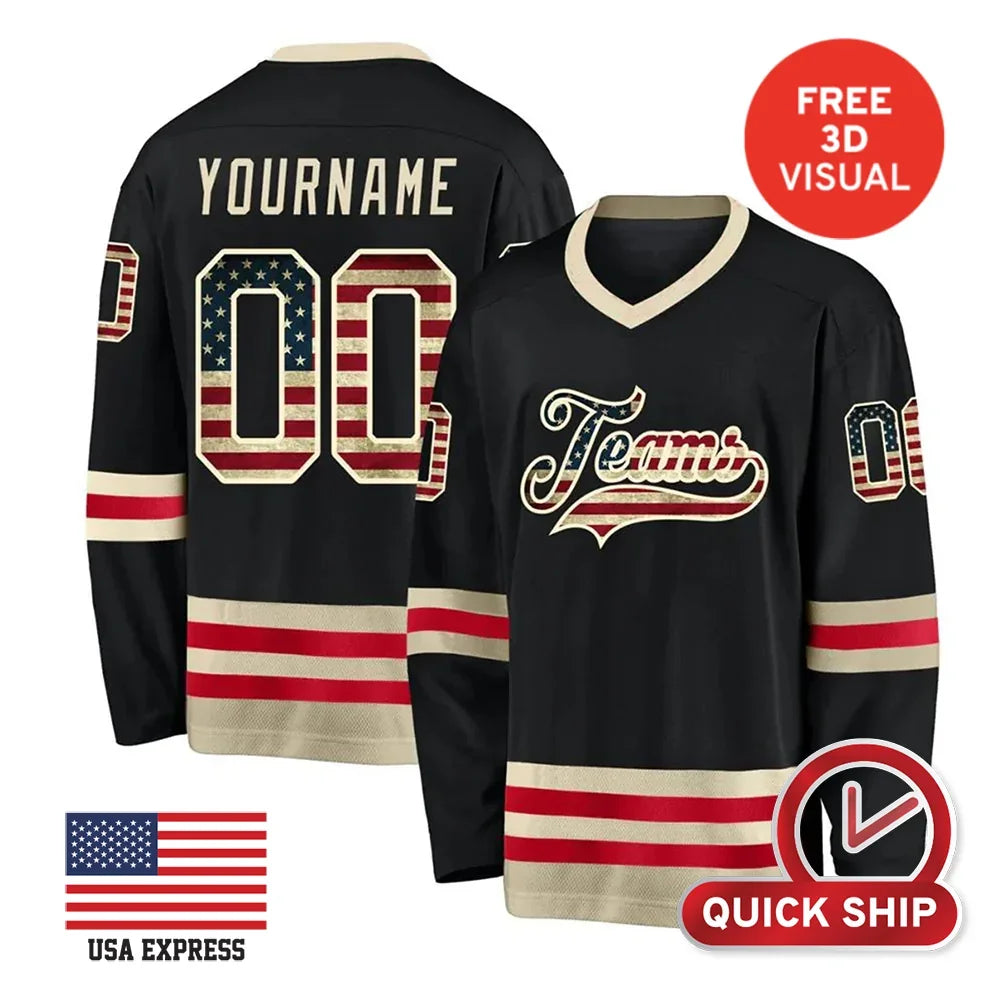 Custom black hockey jersey with American flag design and personalized name and number.