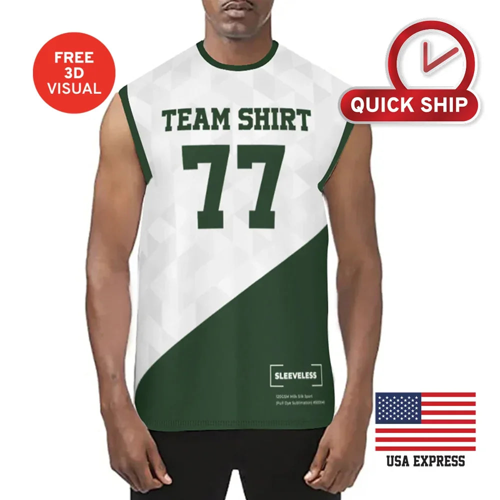 Custom sleeveless team shirt in white and green with number 77