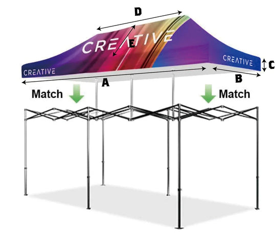 Custom printed promotional canopy tent with dimensions A, B, C, and D labeled.