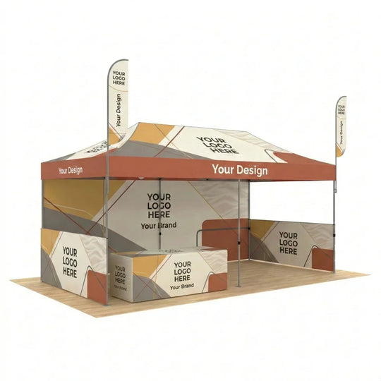 Custom branded event tent set with matching table cover and feather flags