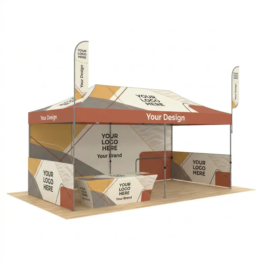 Custom printed event tent with matching table cover and teardrop flags