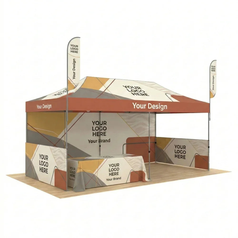 Custom branded event kit with canopy tent, table cover, and feather flags.