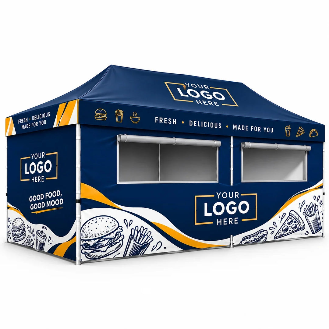Custom blue and yellow branded pop-up event tent with food illustrations and logo placeholders