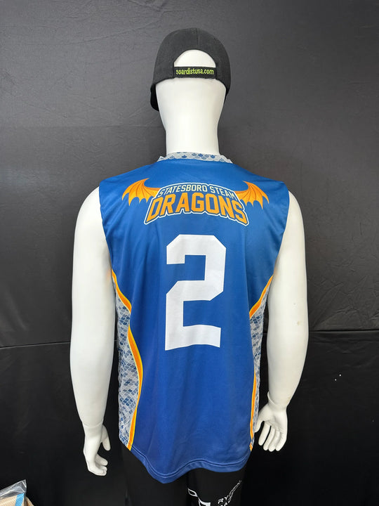 Back view of a blue Statesboro Steam Dragons custom jersey with number 2 on a mannequin