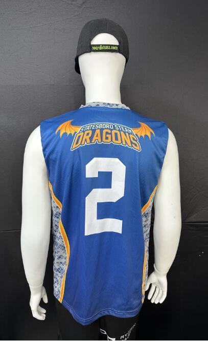 Custom blue Statesbord Steam Dragons sleeveless jersey with number 2 on a mannequin