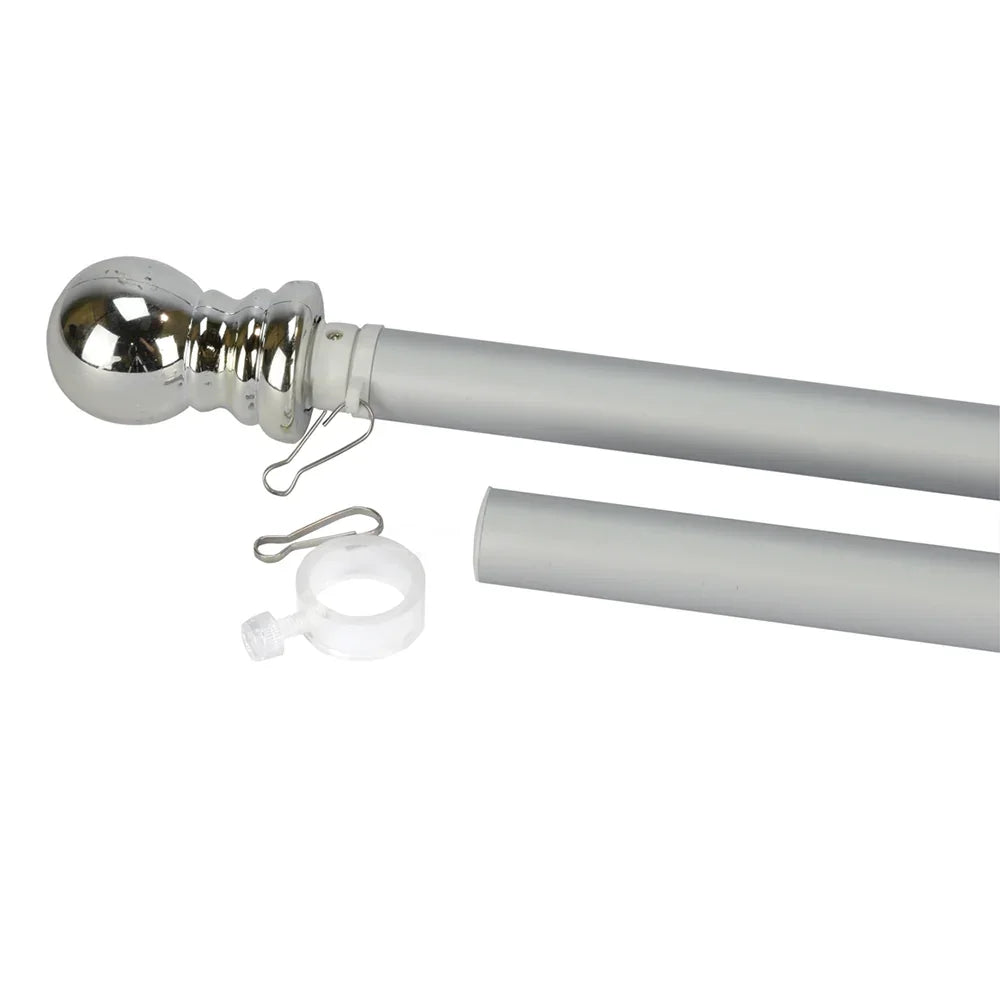 Silver metal flag pole with chrome ball finial and mounting accessories