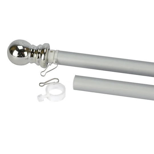 Silver metal flag pole with chrome ball finial and mounting accessories