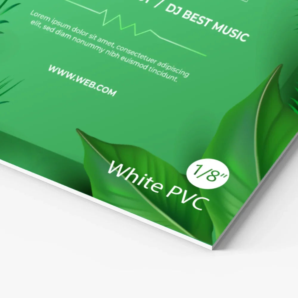 Close-up of a 1/8 inch white PVC custom printed banner with green leaf design.