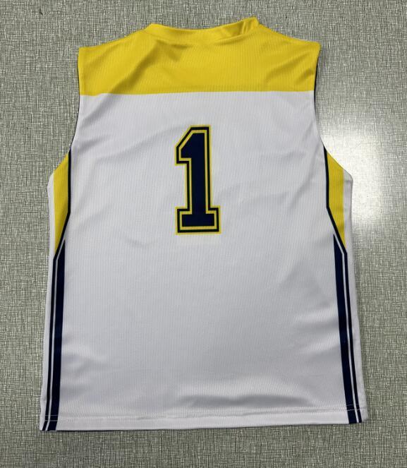 Custom sleeveless white sports jersey with yellow shoulders and blue number 1