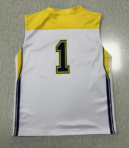 Custom sleeveless white sports jersey with yellow shoulders and blue number 1