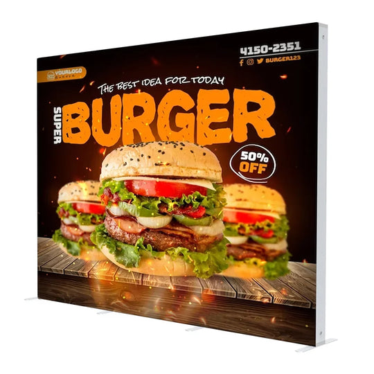 Custom printed burger restaurant banner display with high-resolution food imagery