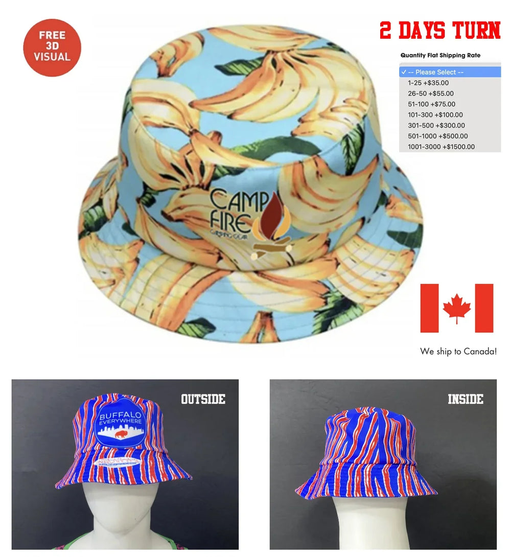 Custom bucket hats featuring a banana print and a red and blue striped design.