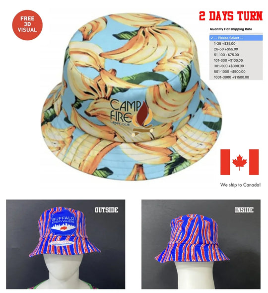 Custom bucket hats featuring a banana print and a red and blue striped design.