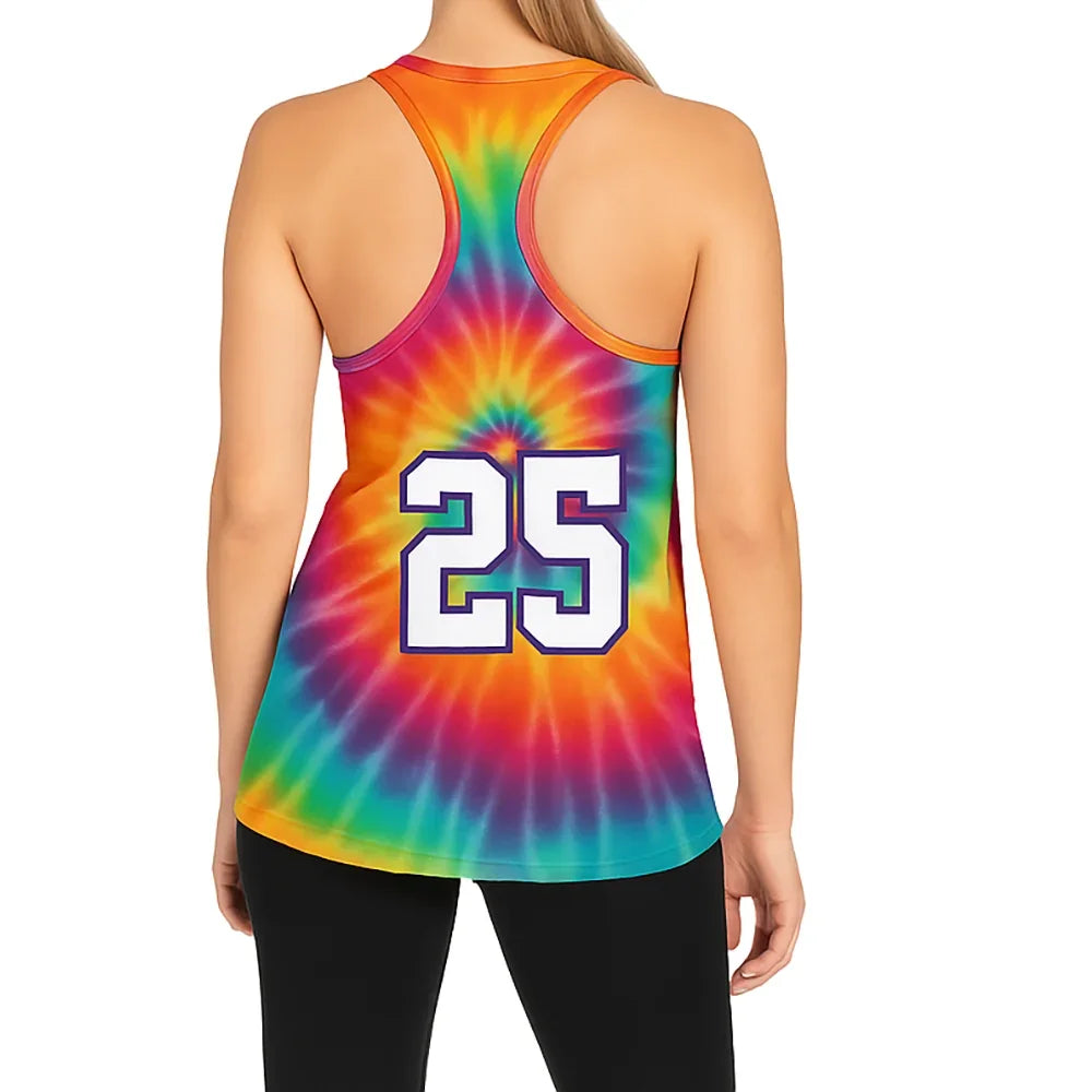 Back view of a woman wearing a rainbow tie-dye racerback tank top with the number 25