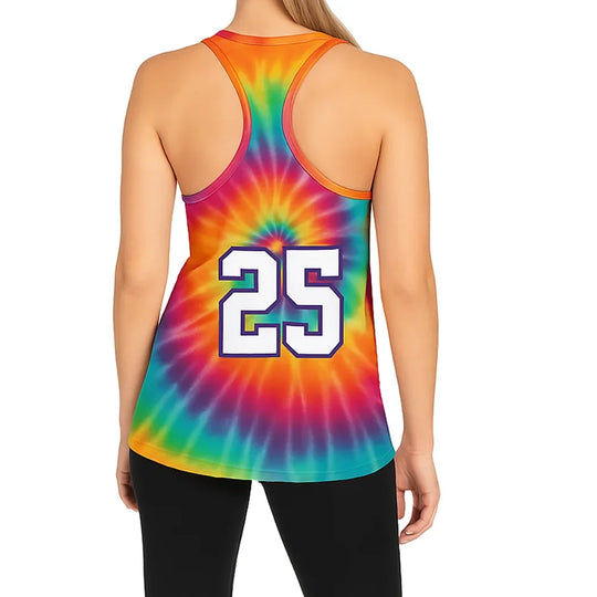 Back view of a woman wearing a rainbow tie-dye racerback tank top with the number 25