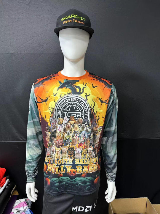 Custom long-sleeve apparel with a dog-themed Halloween graphic and a branded baseball cap.
