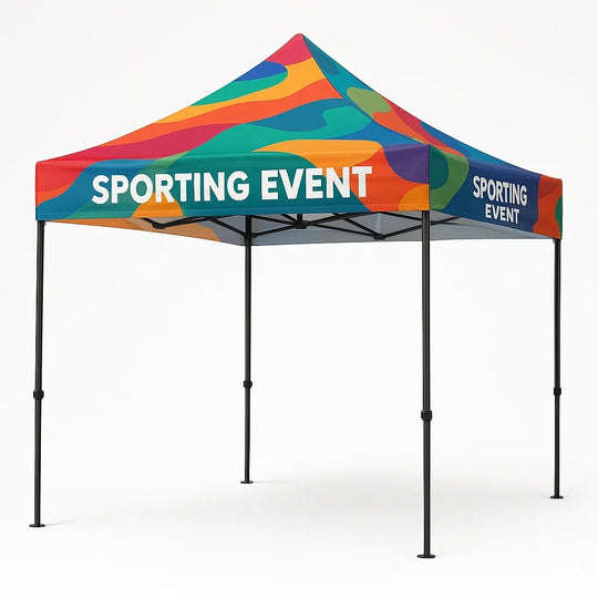 Custom colorful pop-up canopy tent with SPORTING EVENT text printed on the valance
