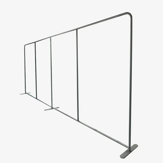 Silver metal crowd control barriers with flat feet.