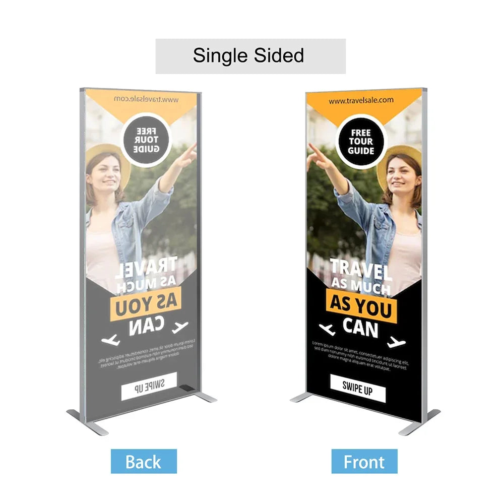 Front and back view of a custom single sided retractable banner stand with travel advertisement.