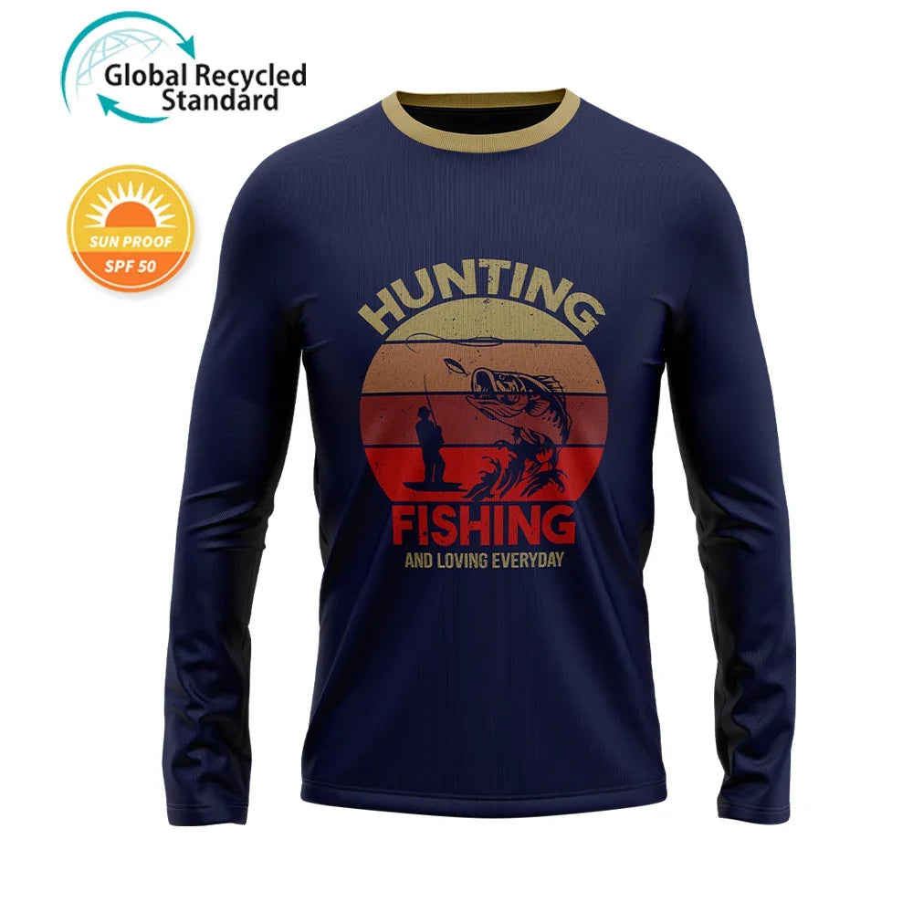 Navy blue long sleeve shirt with a retro hunting and fishing graphic design