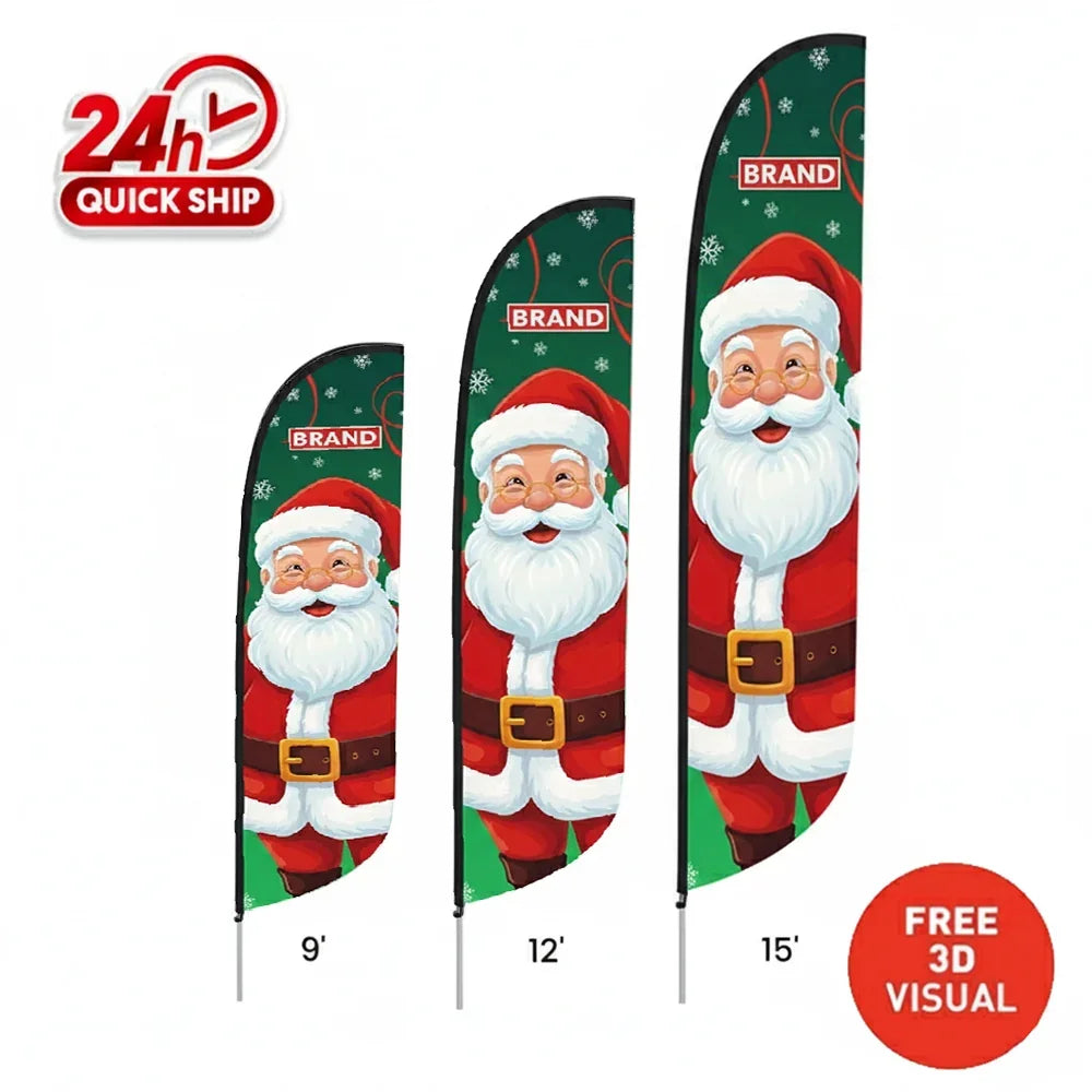 Custom Santa Claus feather flags in 9ft, 12ft, and 15ft sizes