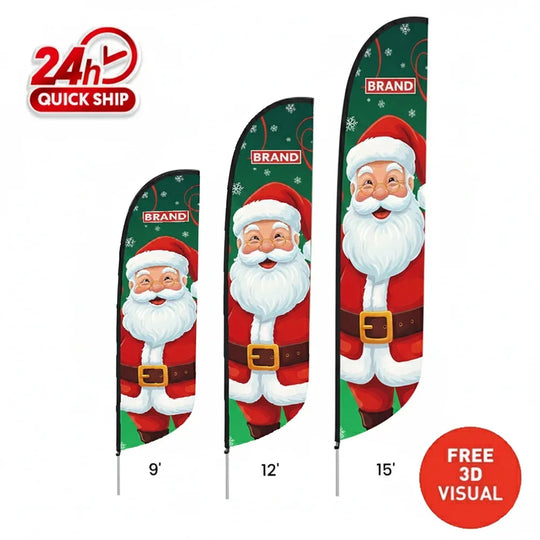 Custom Santa Claus feather flags in 9ft, 12ft, and 15ft sizes