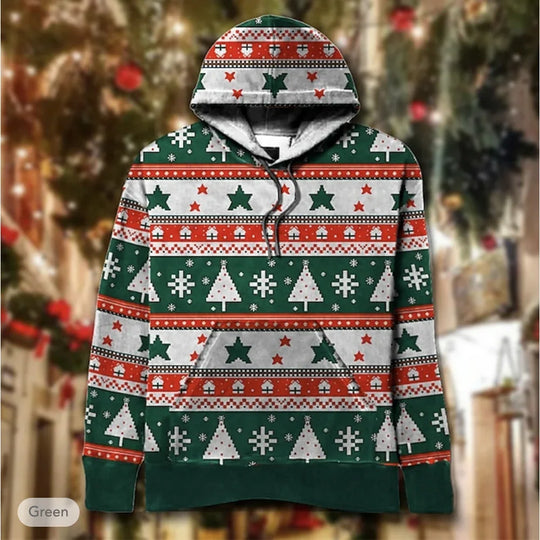 Green, red, and white Christmas themed fair isle print hoodie
