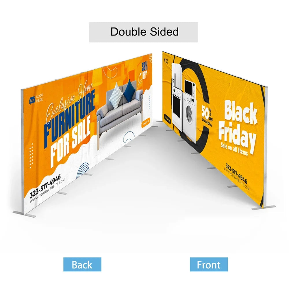 Double-sided custom fabric banner stand with furniture and Black Friday sale designs.