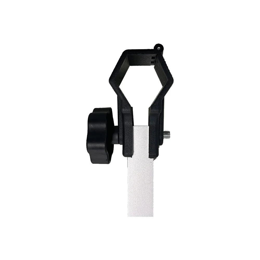 Black adjustable mounting clamp with a silver metal base