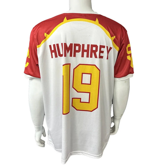 Back view of a custom white, red, and yellow sports jersey with 'HUMPHREY 19' printed on it.