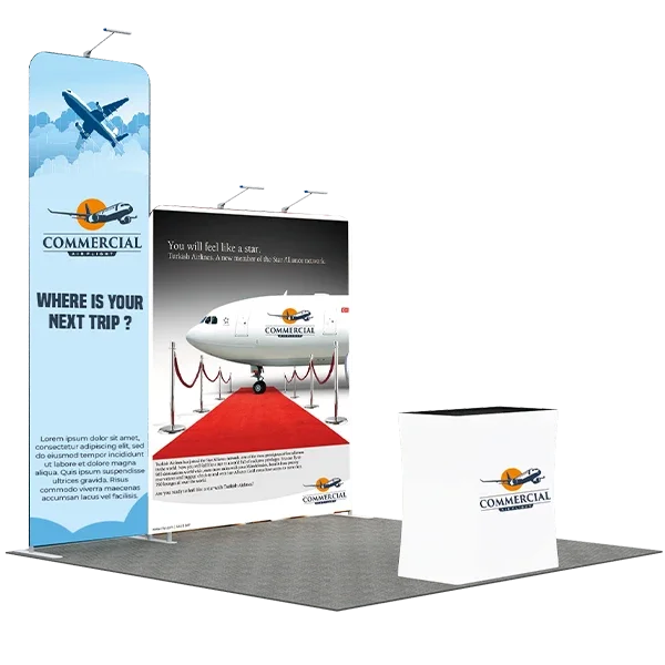 Custom trade show display set featuring a vertical banner, backdrop, and branded table cover.