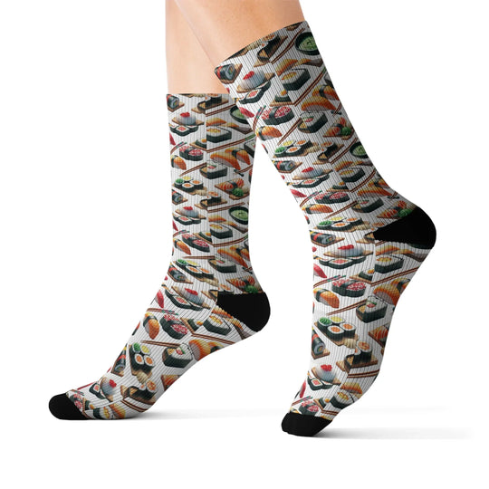 Close-up of white crew socks featuring an all-over sushi pattern with black toes and heels.