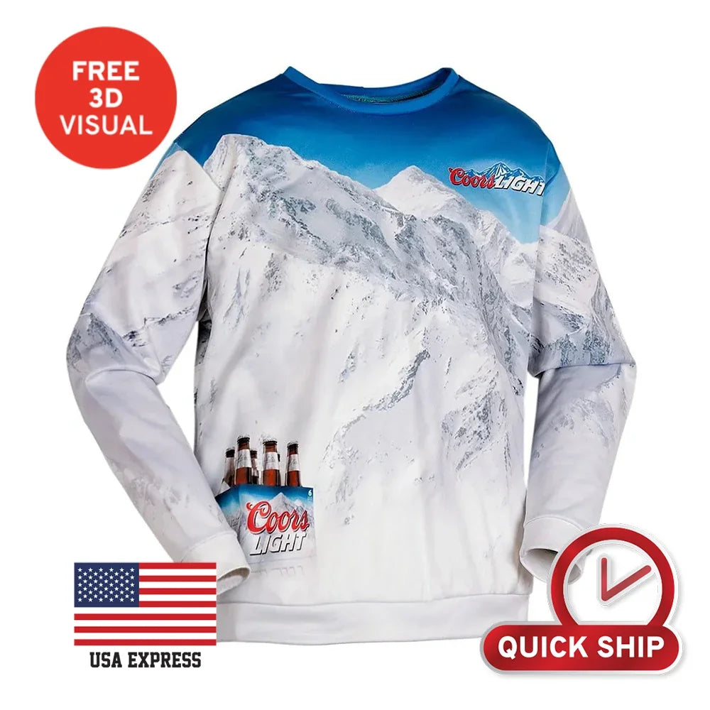 Coors Light branded crewneck sweatshirt featuring a snow-capped mountain landscape print