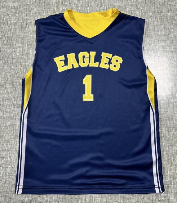 Navy blue custom athletic jersey with yellow trim and 'EAGLES 1' text