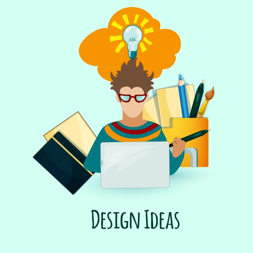 Illustration of a creative designer with a lightbulb idea and design tools.