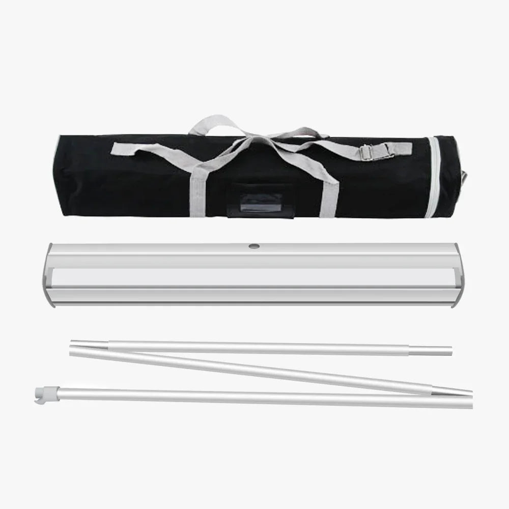 Retractable banner stand kit including aluminum base, poles, and black carrying bag