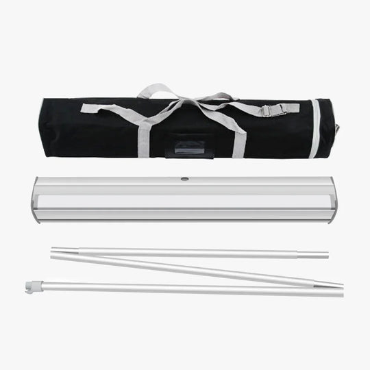 Retractable banner stand kit including aluminum base, poles, and black carrying bag