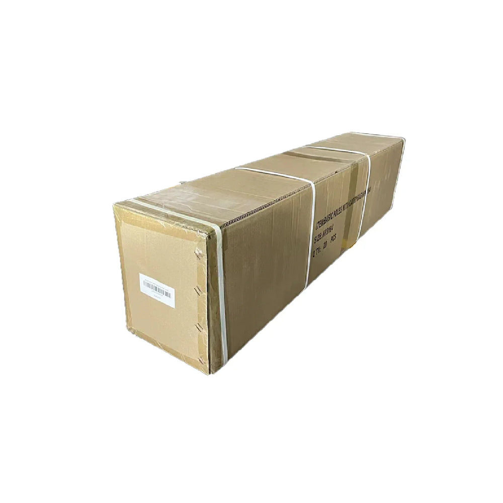 A long, narrow cardboard shipping box secured with plastic strapping.